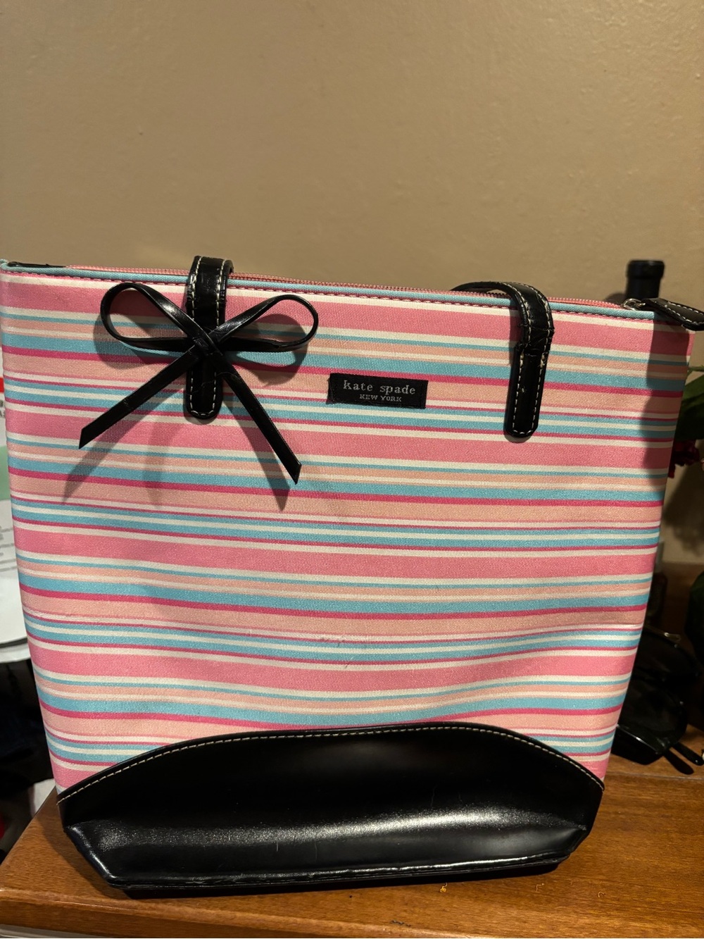 kate spade Pink, Aqua & White Striped Tote with Black Trim